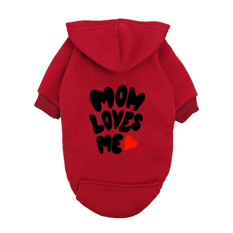 Red Mom Loves Me dog hoodie for small dogs. Warm, cozy fleece pet sweater with heart graphic for a cute winter outfit.