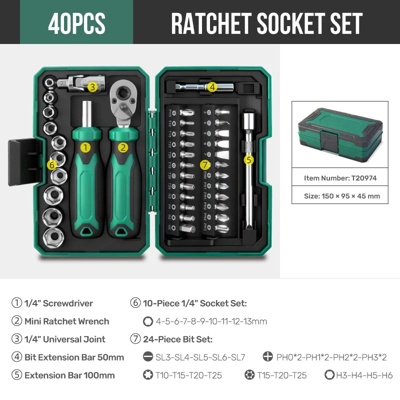 Hi-Spec 1/4" Drive Quick-Release 40 in 1 Ratchet Socket Bit Set Cr-V Steel Phillips/Slotted Screwdrivers for Repair & Hand Tools