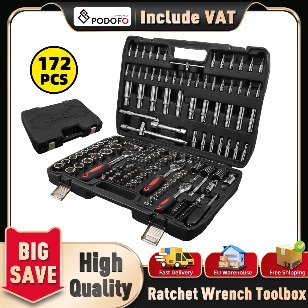 Podofo 172pcs Reversible Ratchet 24 tooth Ratchet Socket Wrench Set Car Repair Tool Ratchet Torque Wrench Combo Kit 1/2'' 3/8'' 1/4'' Sockets Bits Dual-Material Handle