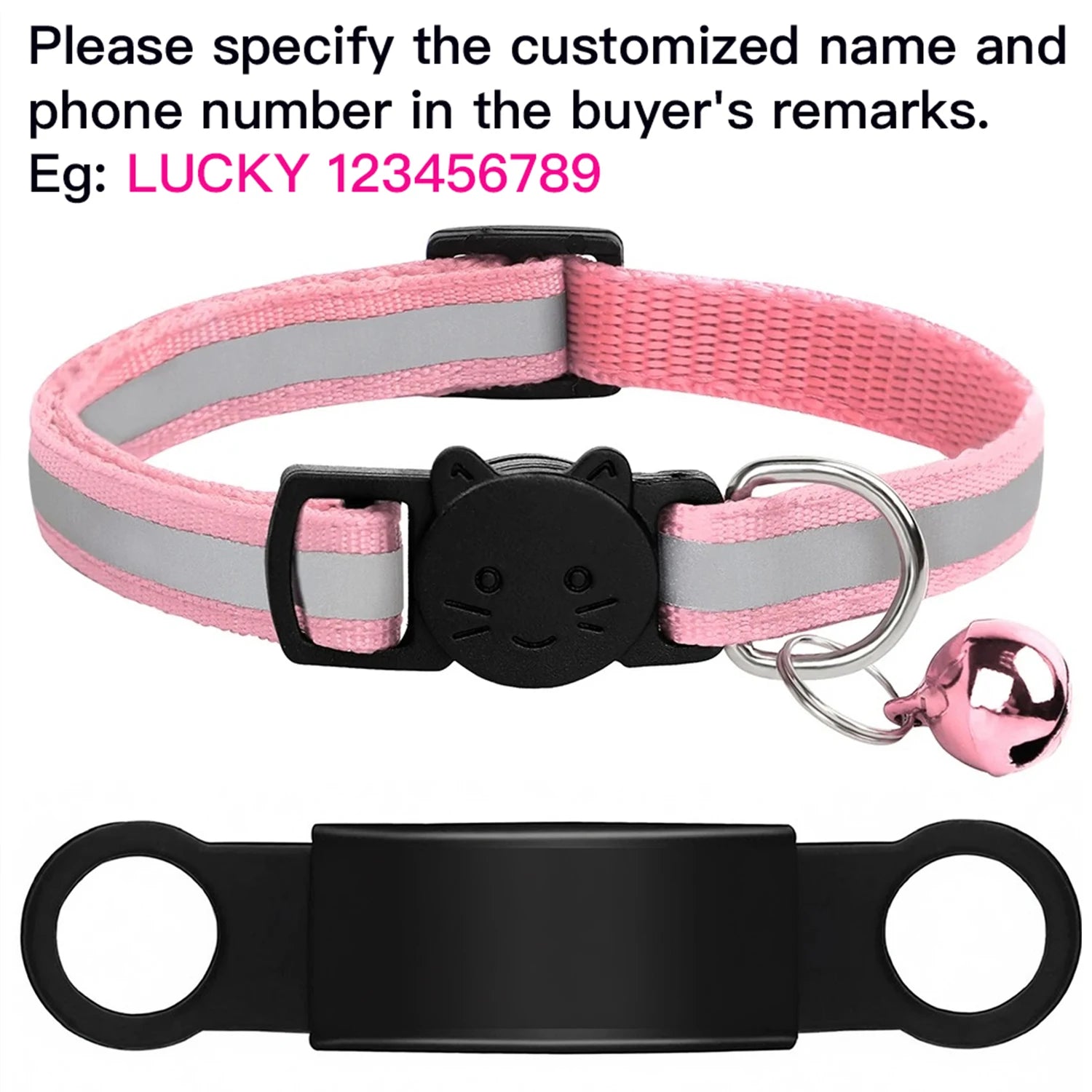 Pink reflective cat collar with safety bell, engraved nameplate, and cat-shaped buckle for anti-lost pet safety.