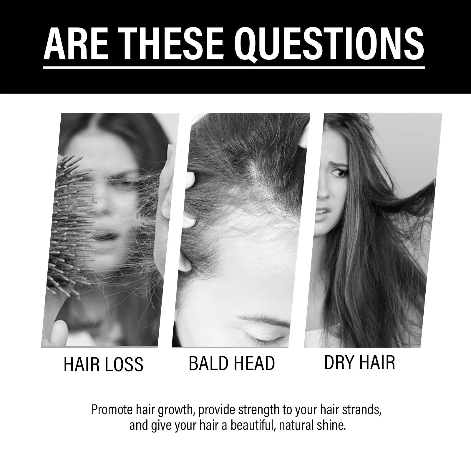 Black and white collage showing hair loss, thinning, and dry hair, with text addressing hair care concerns.
