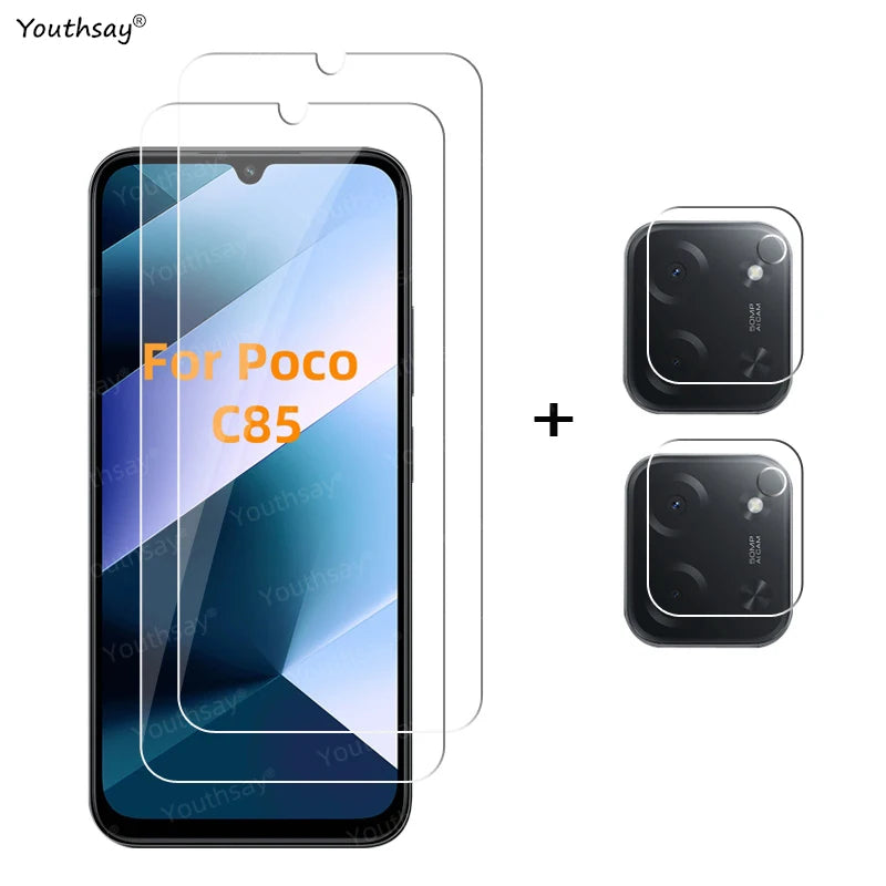 6in1 Full Gule Glass For Xiaomi Poco C85 Tempered Glass Poco C85 Screen Protector Protective Phone Camera Lens Film Poco C85 AE 2 Glass and 2 Lens Poco C85 Tidesmit