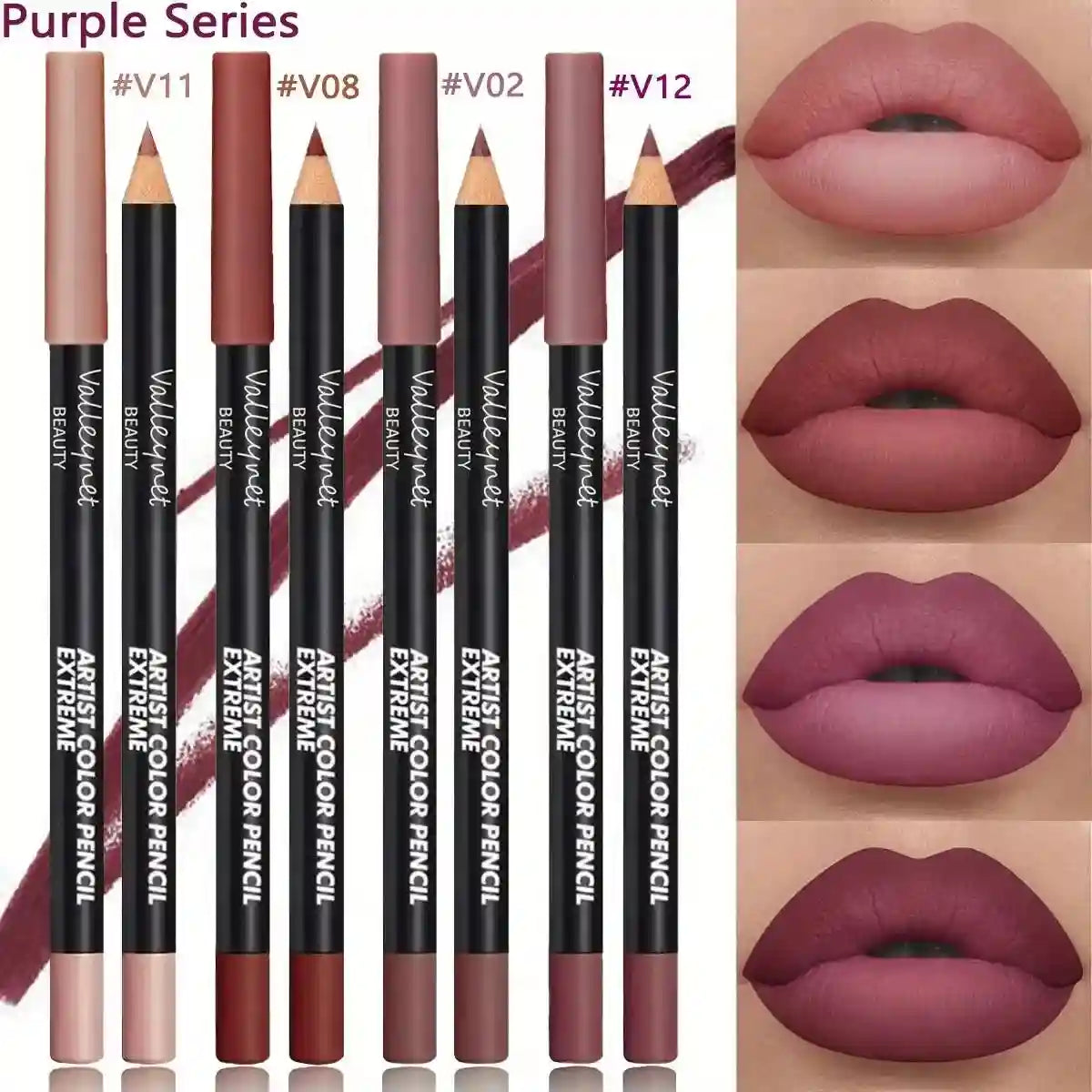 4-piece matte lip liner set in purple tones. Waterproof, long-lasting wood pencils with velvet finish swatches.