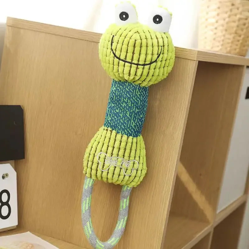 Cute green frog plush dog toy with rope for interactive play, teeth cleaning, and puppy chewing.