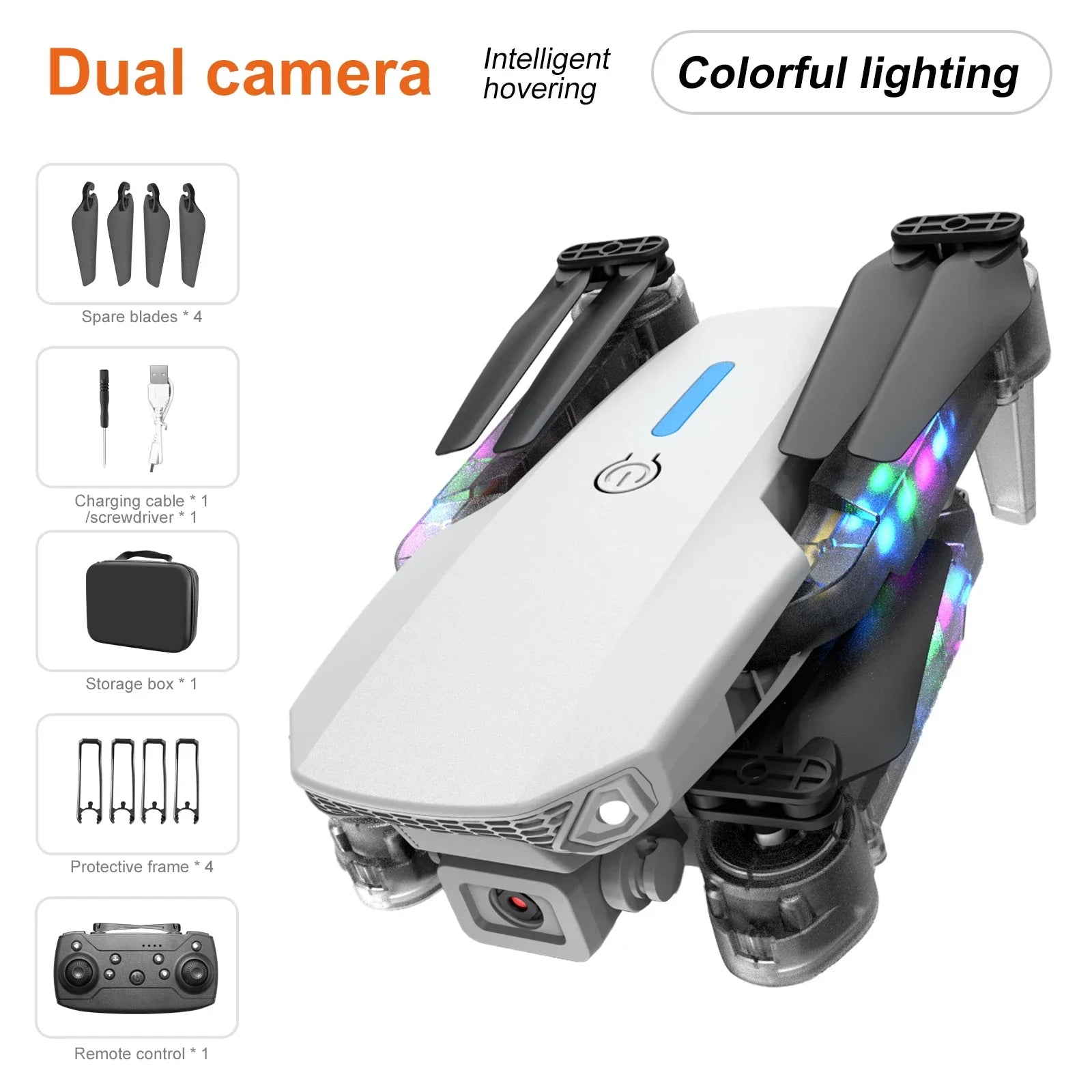 Foldable grey drone with black propellers, multicolored LED lights, dual cameras, remote, and accessories in a kit.