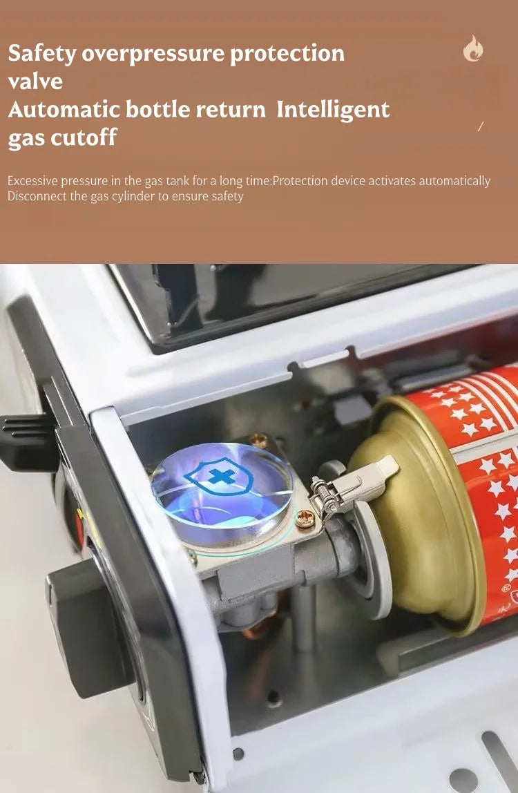 White portable cassette gas stove with burner lit and gas cylinder connected