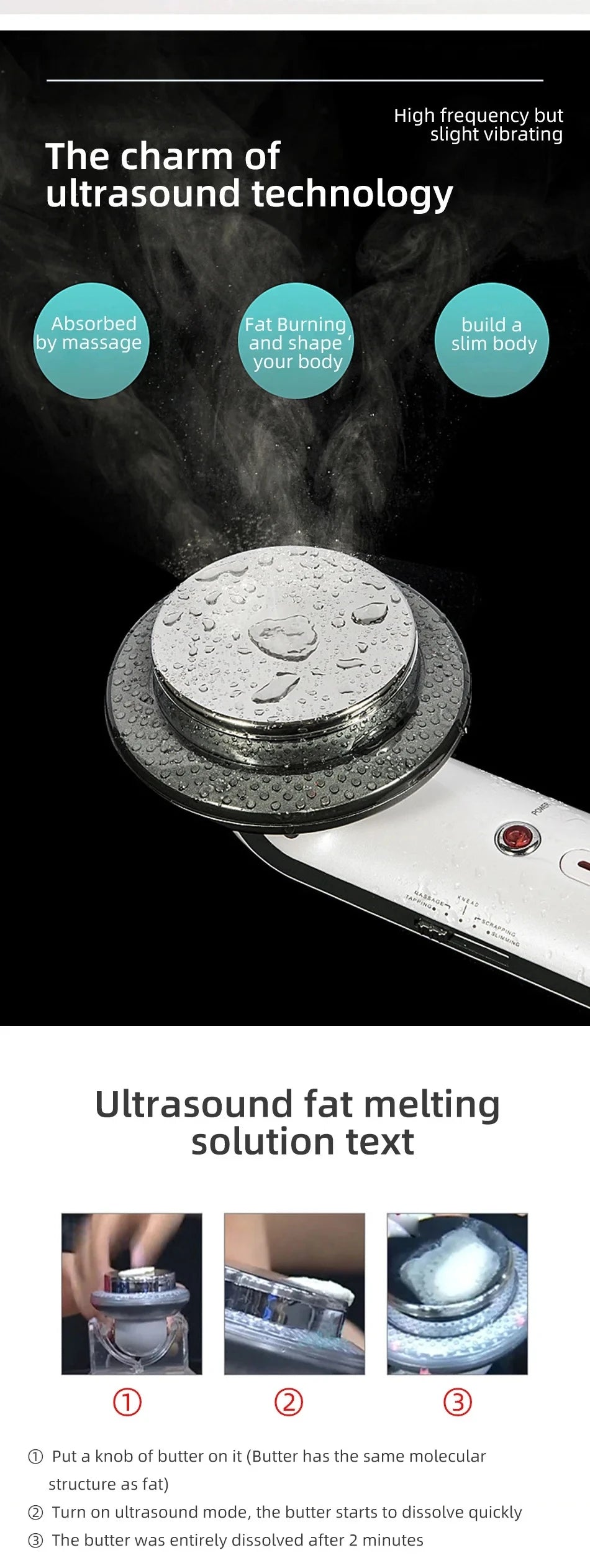 White handheld ultrasound body massager with a circular metal head, demonstrating fat-melting technology on butter.