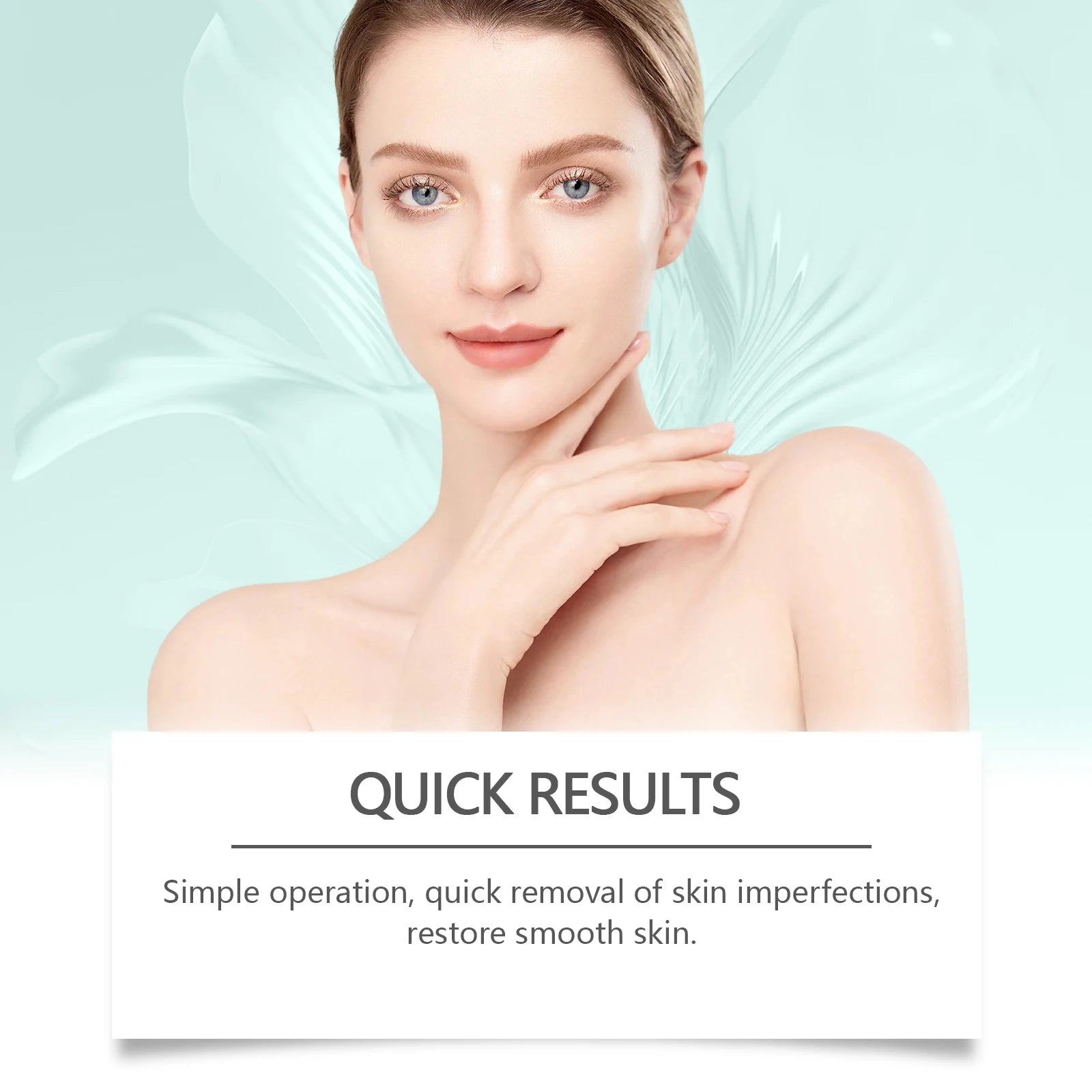 A woman with clear skin on a light blue background with text advertising "Quick Results" for skin imperfection removal.