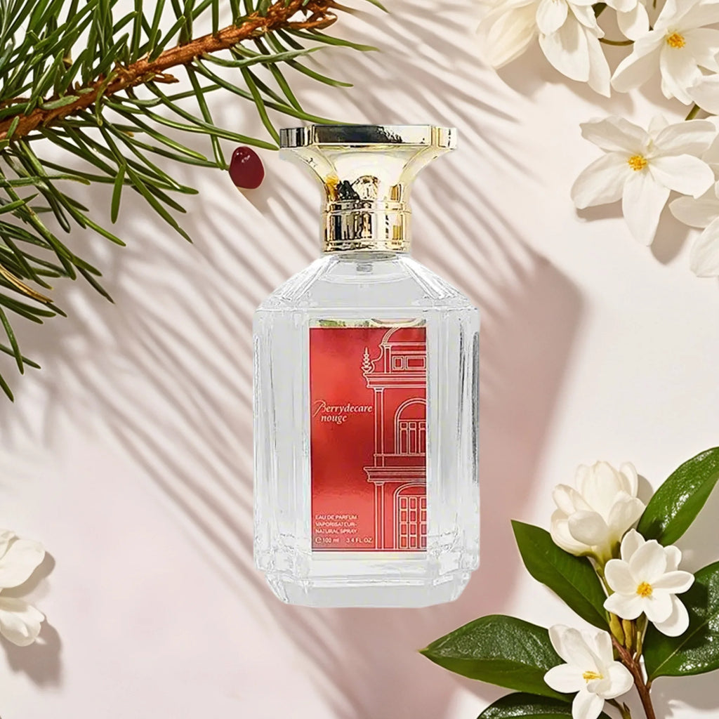Berrydecare Rouge 100ml EDP: Oriental woody saffron perfume for women in a square glass bottle with gold cap spray.