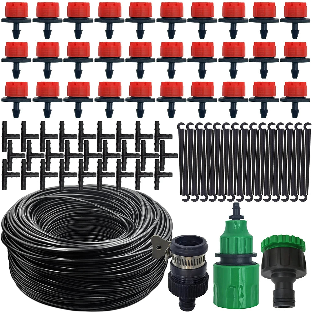 Micro drip irrigation kit with red drippers, black hose, green connector and stakes