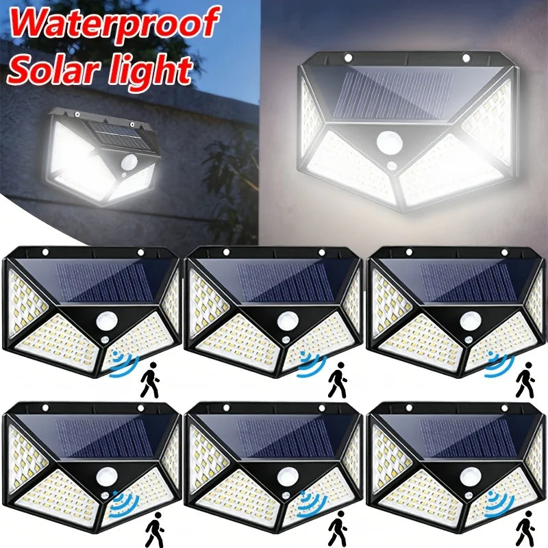 6/4 Pack 100 LED Solar Wall Lights, IP44, Solar Powered with 6-8 Hours Battery Life, Built-in Motion Sensor Auto On, 6500K Color Temperature, Ideal for Street, Courtyard, Mall And Parking Lot Lighting, Ideal Gift for Family