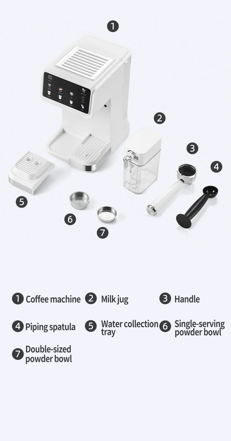 White espresso coffee machine with milk frother, portafilter, tamper, and removable drip tray accessories.