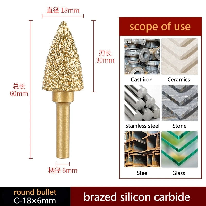 Brazed silicon carbide round bullet head, 18mm diameter, 6mm shank