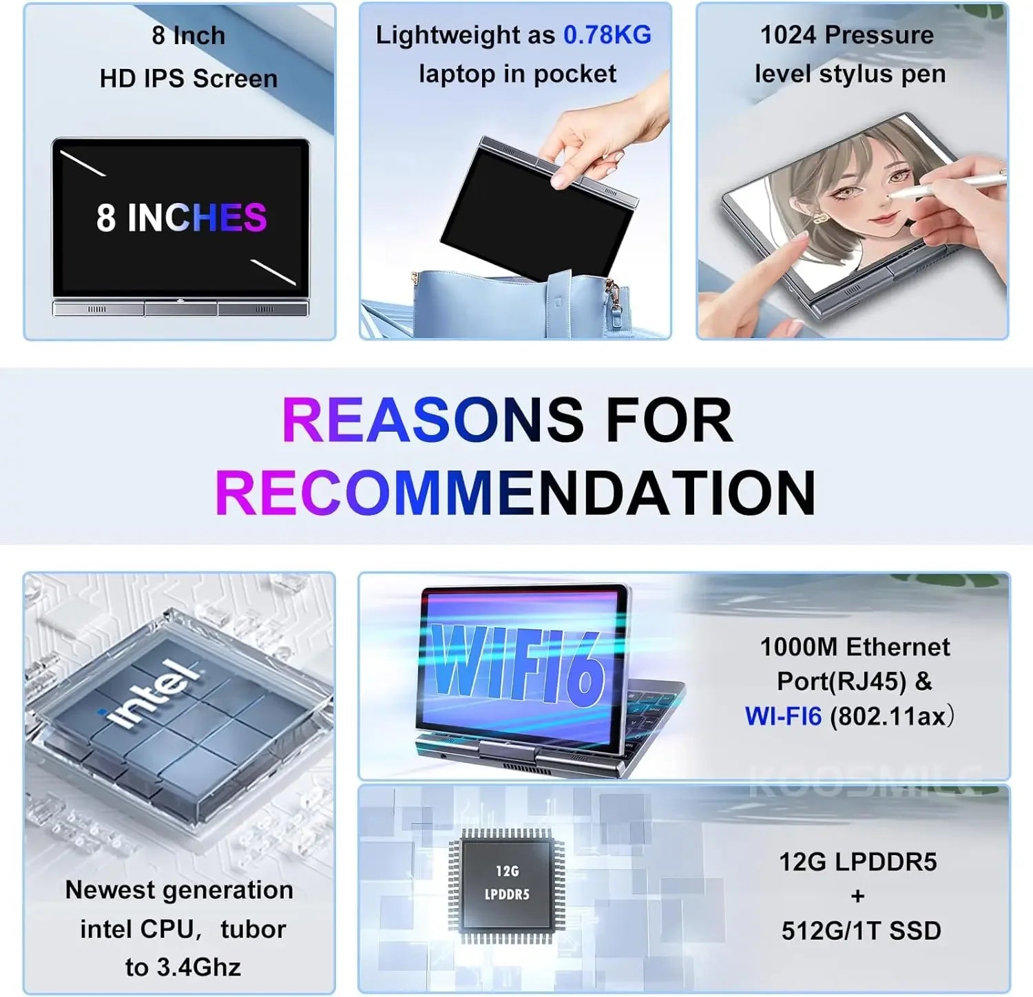 Portable Mini Laptop windows OS 8 Inch Touch Screen Notebook N95 12GB+1TB IPS Small Notebook Portable PC Micro Computer