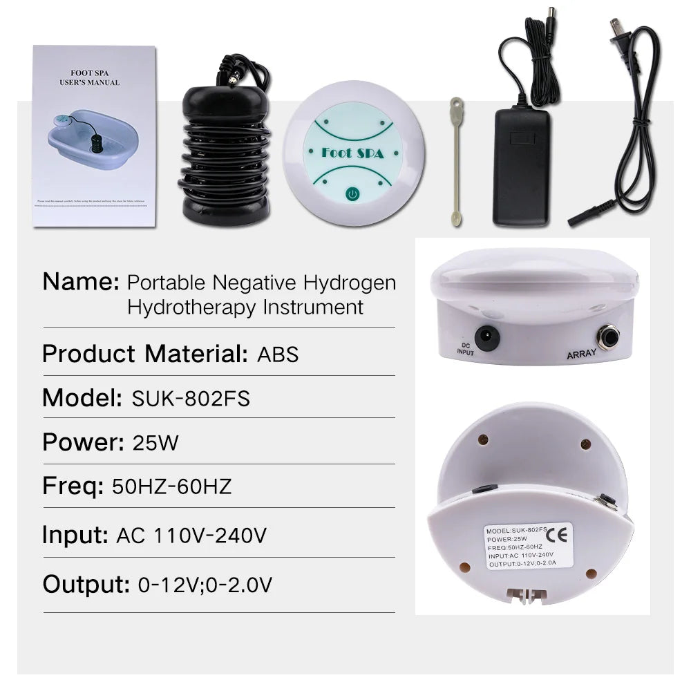 Ionic detox foot spa machine set with white control unit, black ion array, power adapter, and user manual.