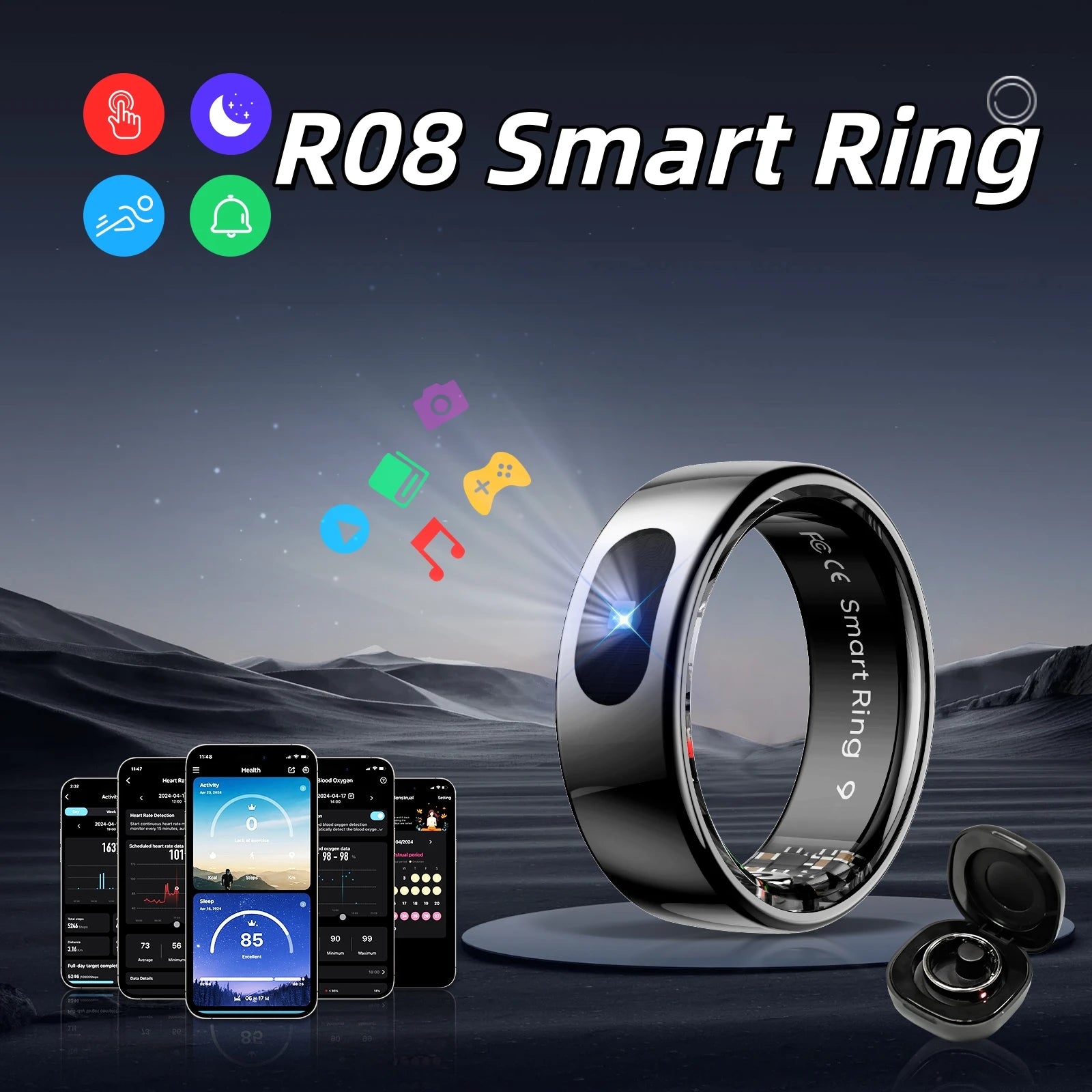 R08 Smart Ring Men Women with Charging Case Health and Sleep Monitor 5ATM Waterproof Multi Sport Mode Heart Rate Monitoring NEW