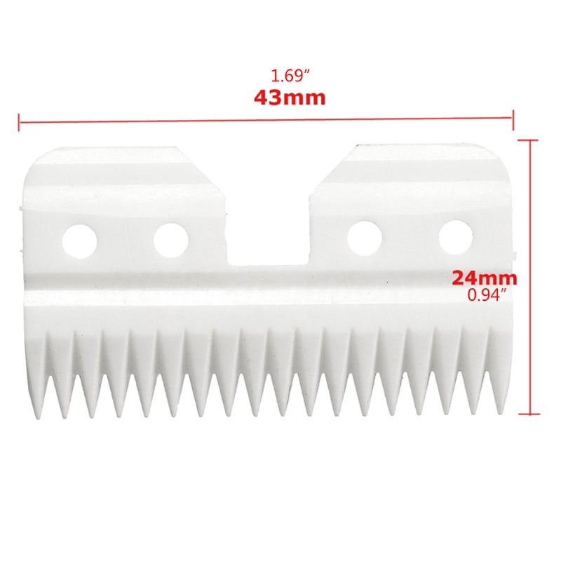 White ceramic replacement cutter for A5 pet grooming clippers, 43mm x 24mm, for a smooth, precise pet haircut.