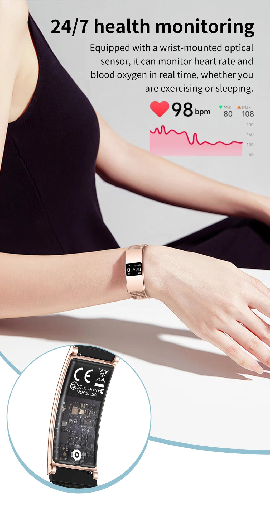 B9 3.5mm Ultra Thin Smart Bracelet Men Women IP68 Waterproof Call Reminder Fitness Sport Smart Band Lightweight Health Wristband