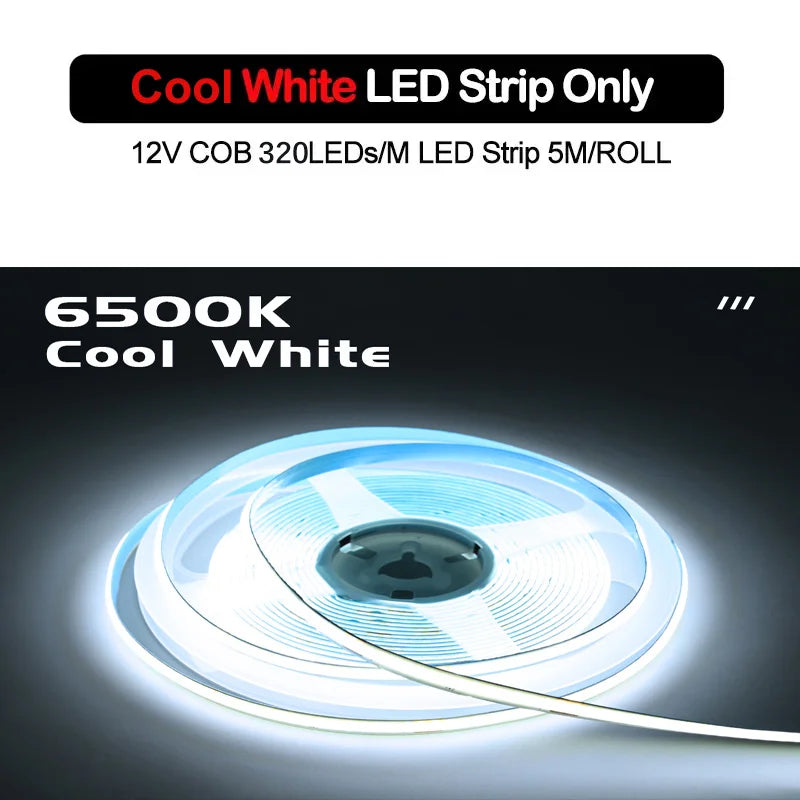 Cool white COB LED strip roll, 12V, 320 LEDs per meter, 5m length