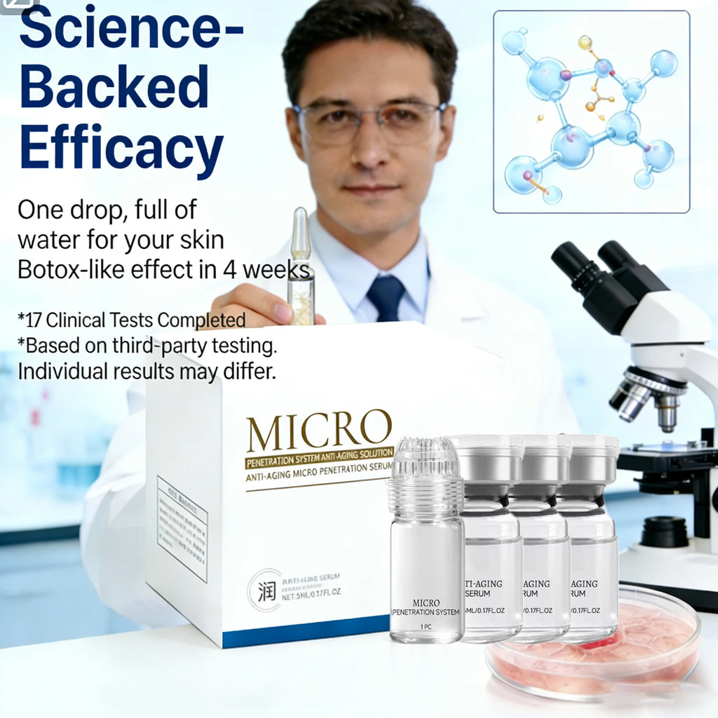 Four small glass ampoules of anti-aging serum in front of a product box and a scientist with a microscope.