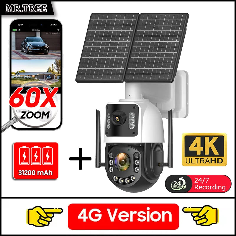 MR.TREE 4G solar security camera kit with dual solar panels and 31200 mAh battery