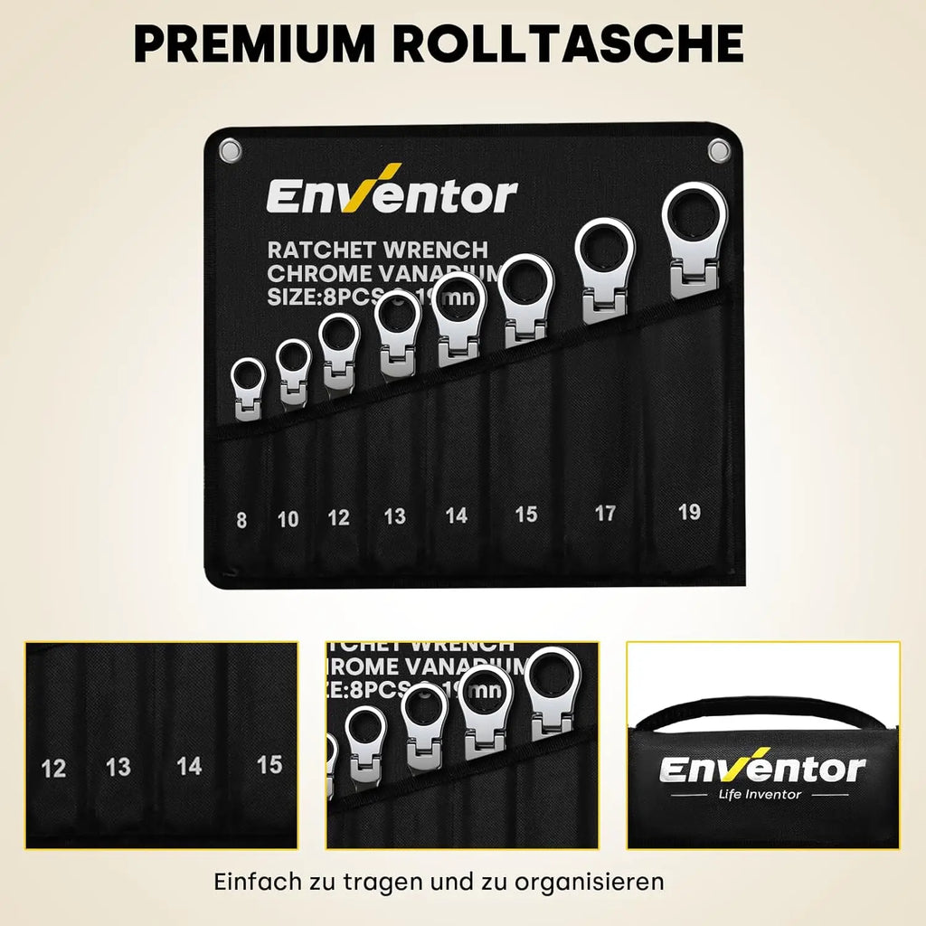 Enventor 8-Piece Flexible Ratchet Key Set, Fork Key Set, 72 Teeth, in Storage Bag, Chrome-Vanadium Steel, 8–19 mm, for Electricians, Car Repairs, Furniture Assembly