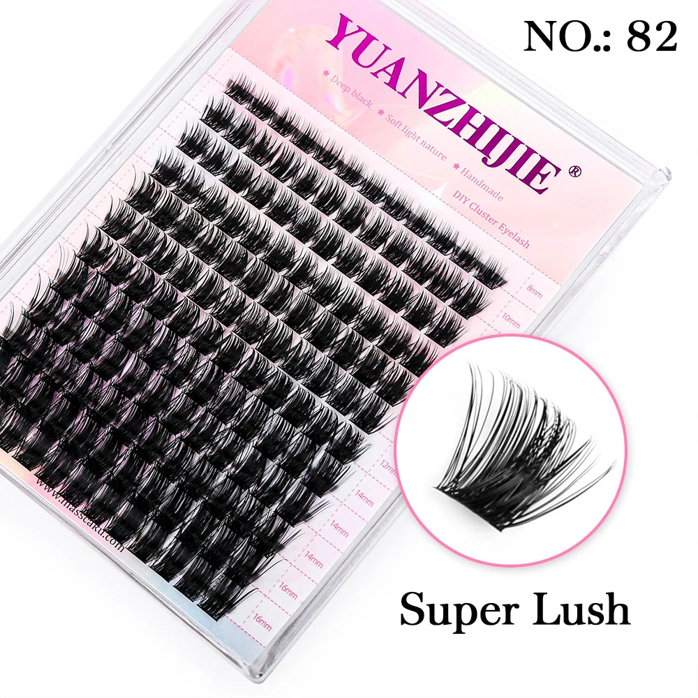 Tray of 144 black segmented mink cluster lashes in various lengths (8mm–16mm) with a single lash close-up.