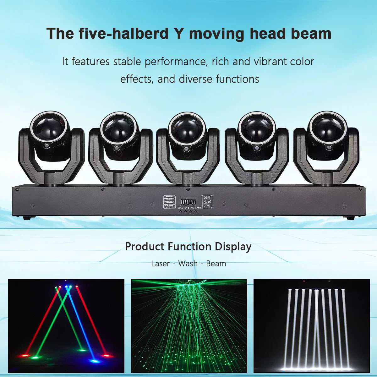 RGBW moving head beam light fixture with five black heads and control display on base