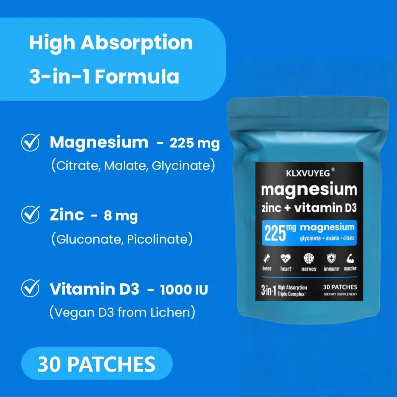  ﻿ Magnesium Zinc & Vitamin D3 Supplement - Magnesium Glycinate - Bone, Muscle & Heart Health, Immune Support - 30 Patches