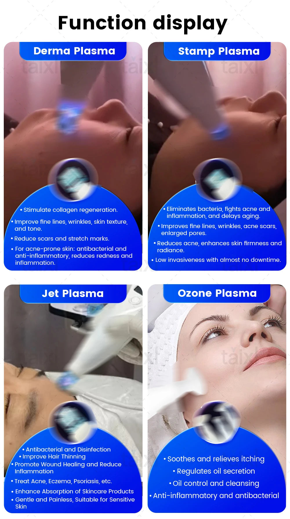 Ozone cold plasma facial device with derma, stamp, and jet tips for anti-aging skin rejuvenation and acne treatment.