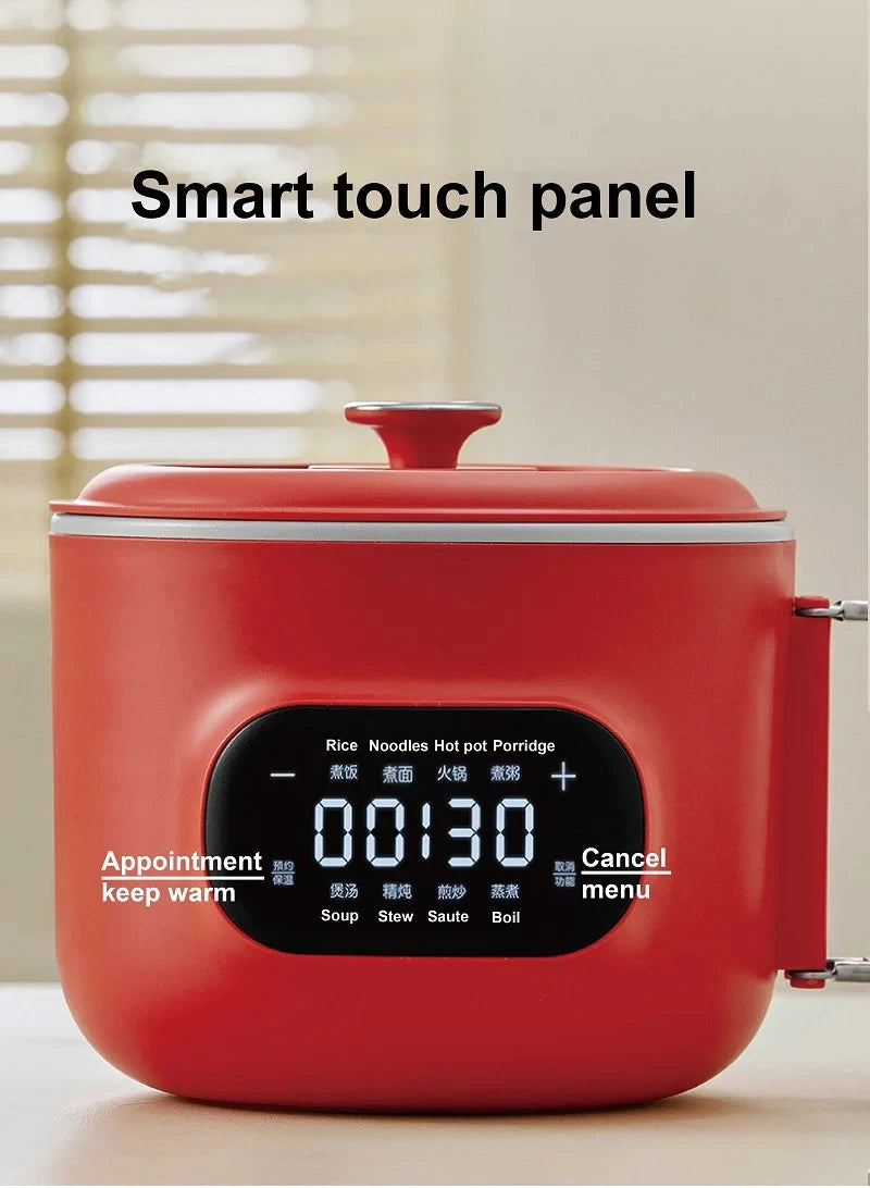 Red 2.5L electric cooking pot with smart touch panel and transparent display window