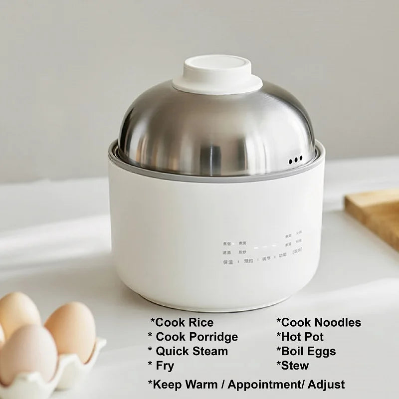 White mini electric lunch box rice cooker, stainless lid, steam vents on top