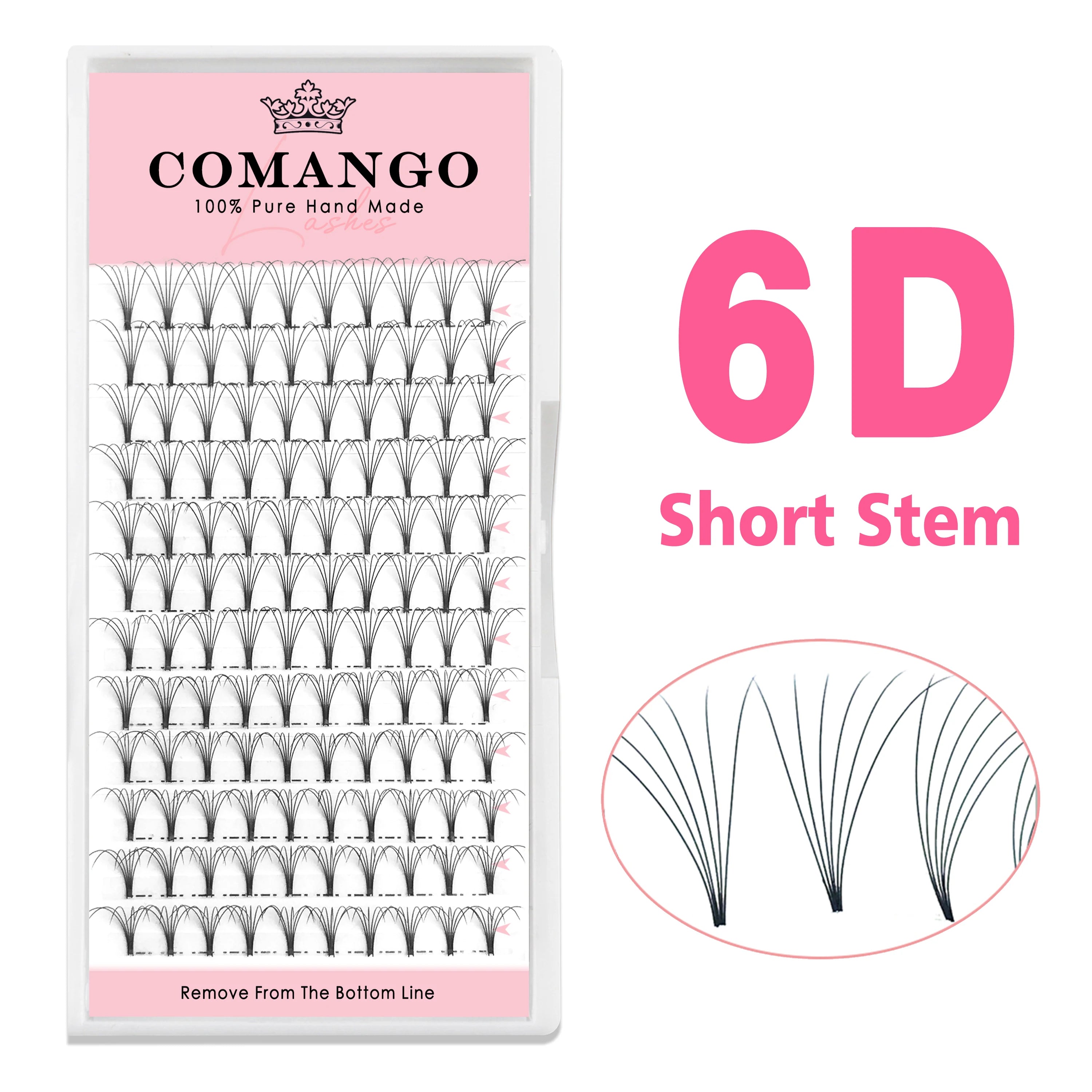 Tray of black 6D short-stem Russian volume faux mink lash fans by Comango with a pink and white label.
