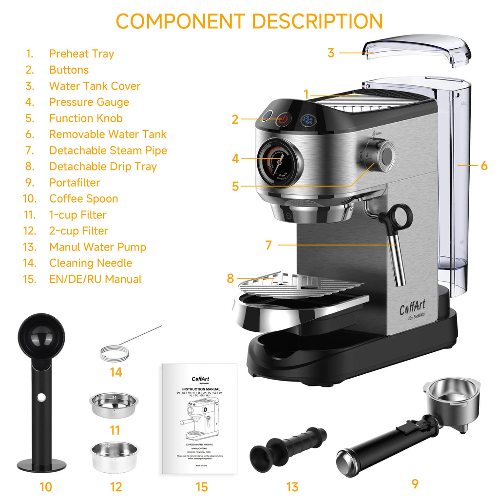 BioloMix CoffArt stainless steel espresso machine with pressure gauge, removable water tank, and 15-piece accessory kit.