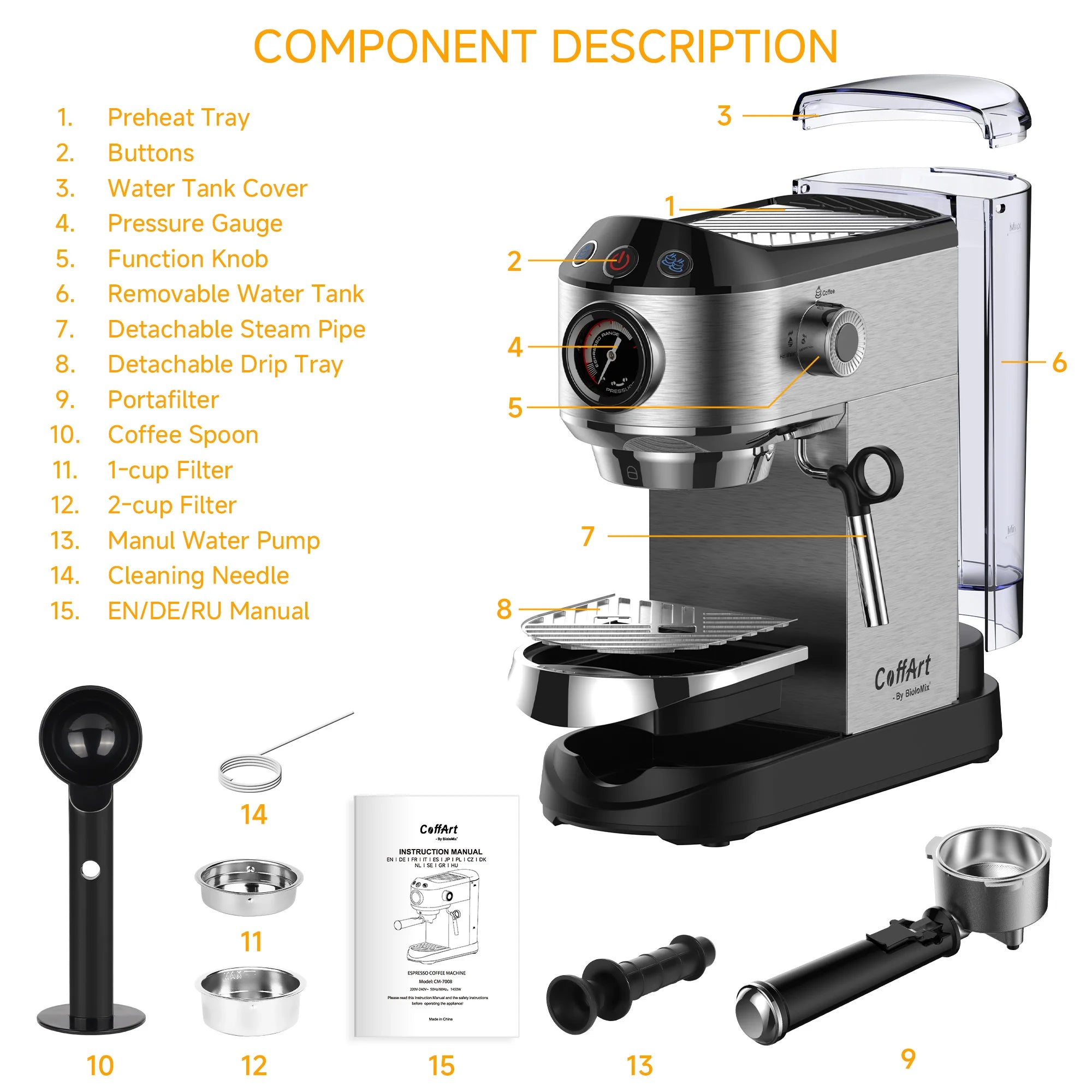 BioloMix CoffArt stainless steel espresso machine with pressure gauge, removable water tank, and 15-piece accessory kit.