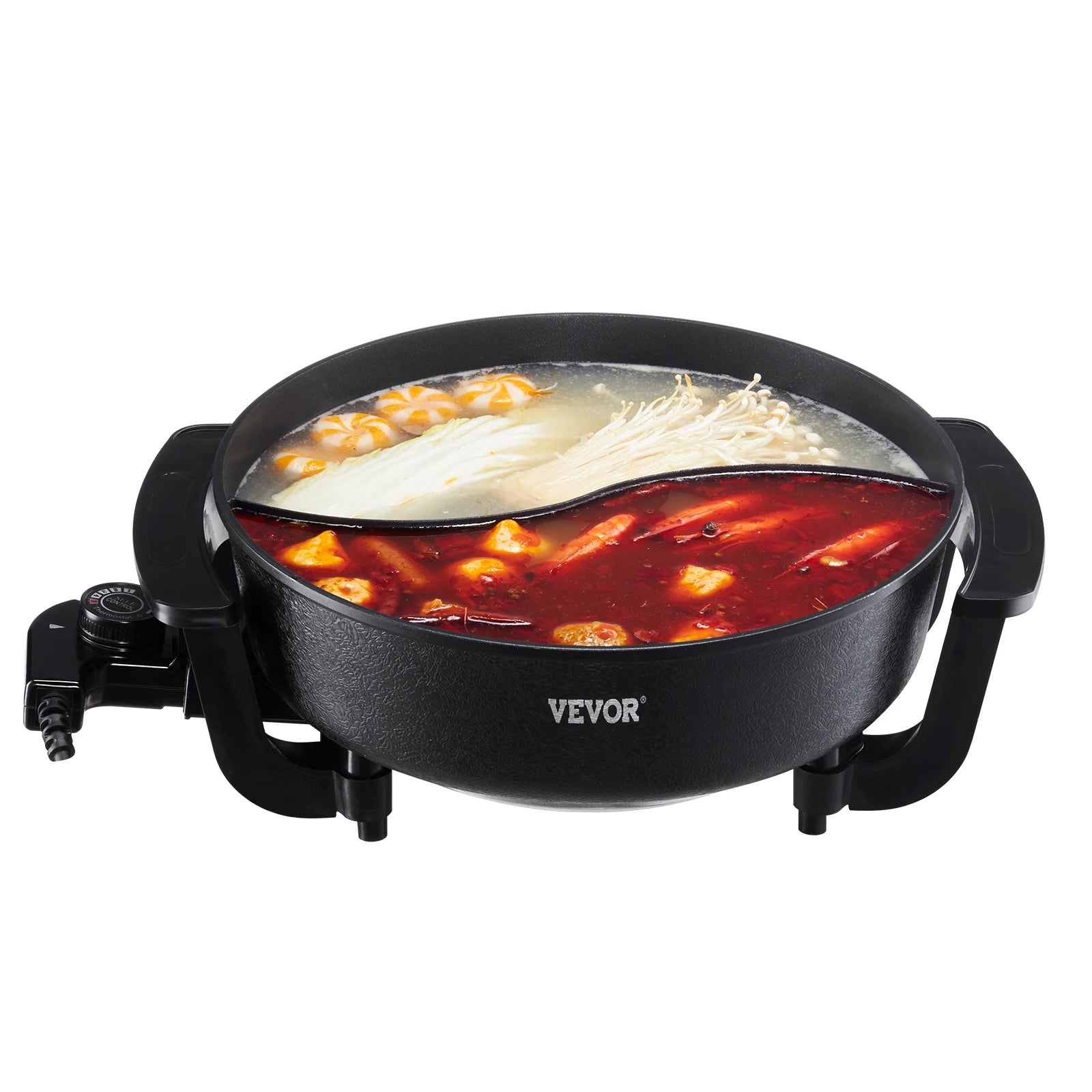Electric hot pot with glass lid, black nonstick pot, and side handles