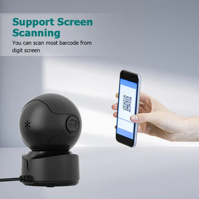 Black desktop barcode scanner with scan head and glowing LED for QR and barcode scanning