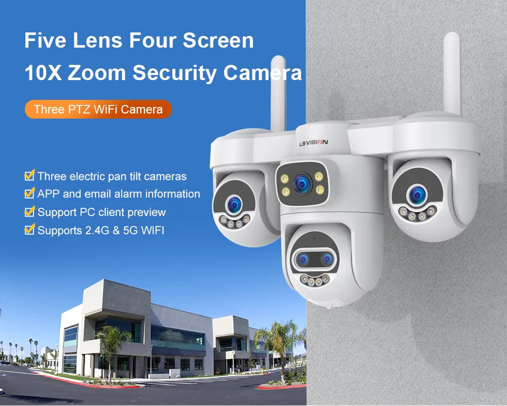LS VISION 20MP 10X Zoom Three PTZ WiFi Security Camera Outdoor Four Screens 5-Lens Auto Tracking PC Client CCTV Cam Okam Pro App