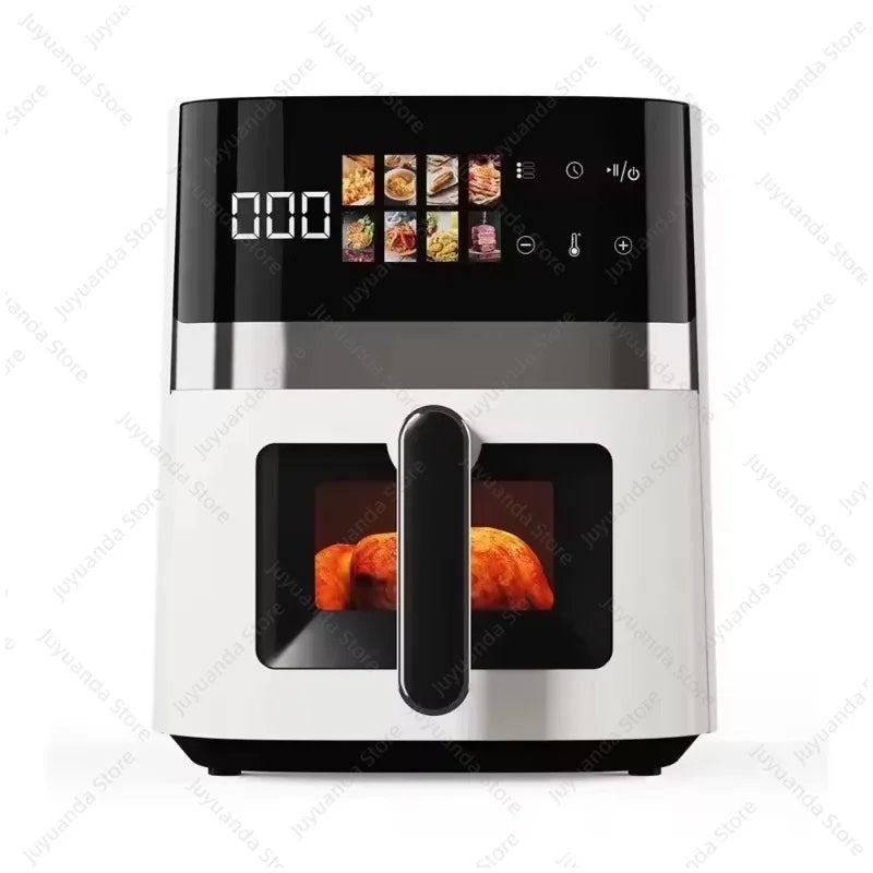 Black air fryer oven front view with central handle and touch control display