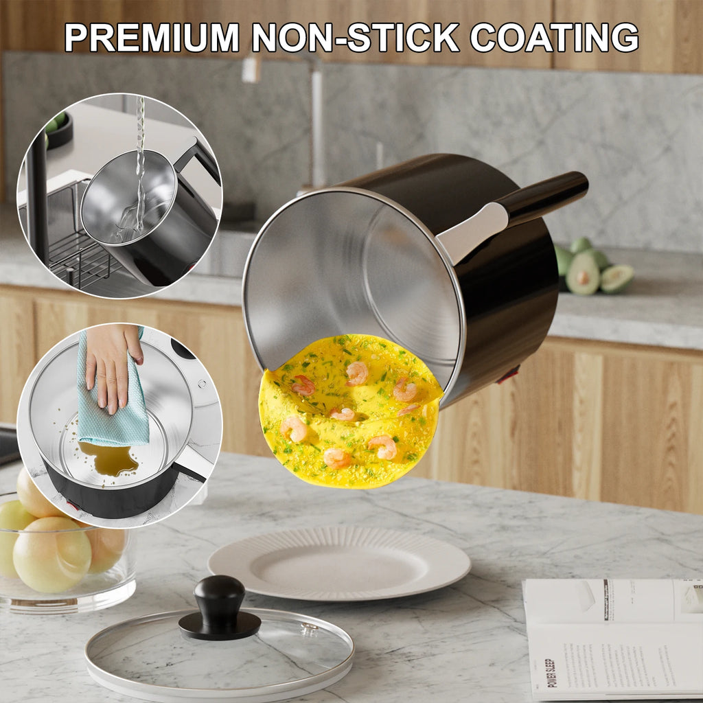 Black electric non-stick saucepan with side handle; food being cooked inside, eachoo