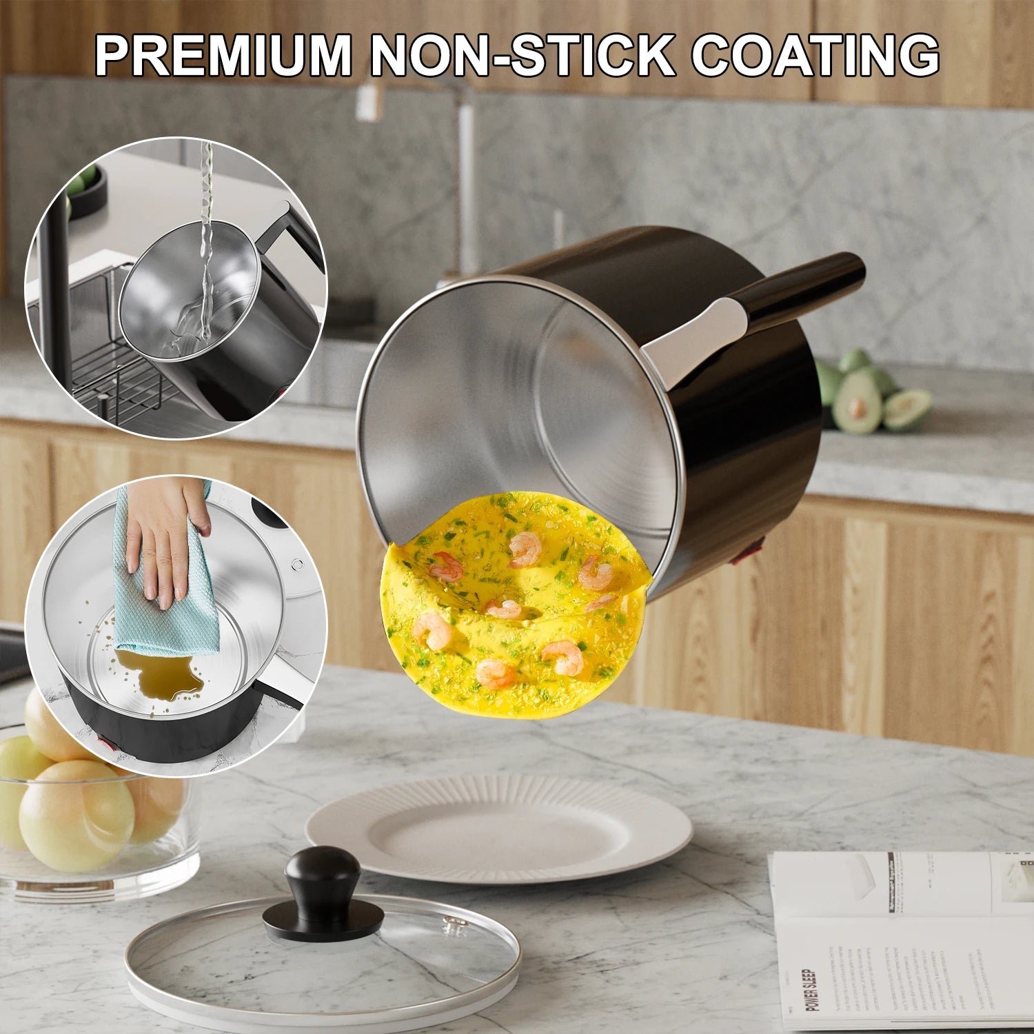 Black electric non-stick saucepan with side handle; food being cooked inside, eachoo