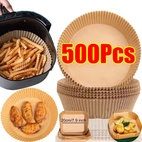 Round disposable paper air-fryer liners, tan, 500-count pack