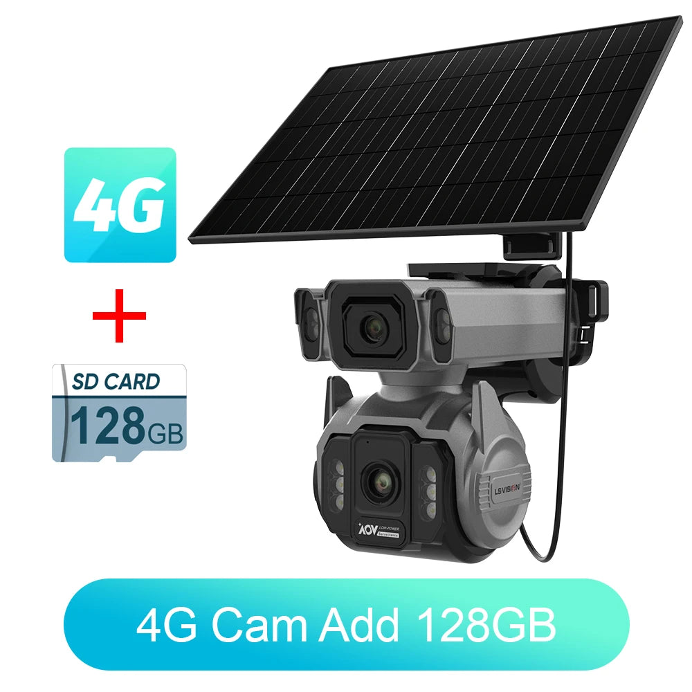 Outdoor solar surveillance camera with 4G, dual lens, bundle with 128GB SD card