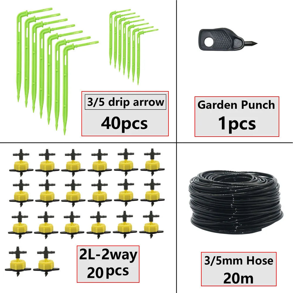 Greenhouse Potted Curved Arrow Dropper Micro Drip System 2L4L8L Pressure Compensation Dripper 3/5mm 2/4-way Irrigation Kit