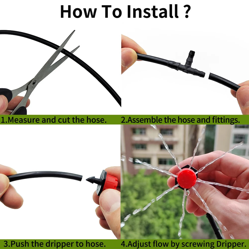 Micro drip hose and dripper installation shown with hose cutting and connector push-fit