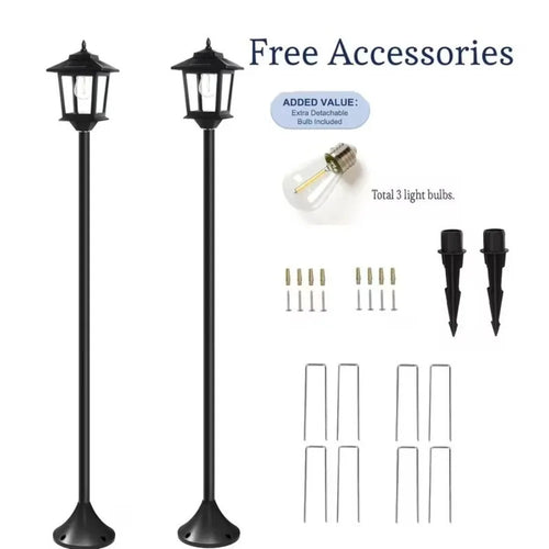 Two-pack black solar post lamp lights with replaceable bulb and mounting accessories
