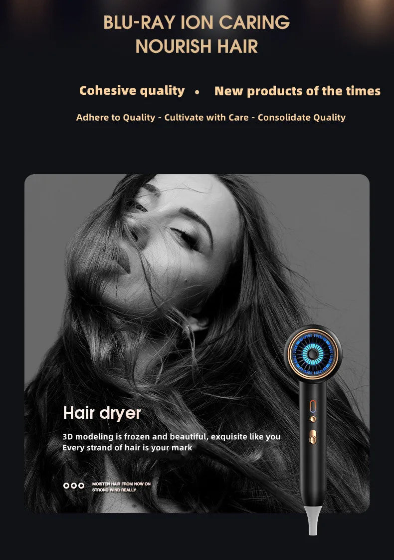2400W high-speed negative ion hair dryer with blue light technology, sleek black design, and gold accents.