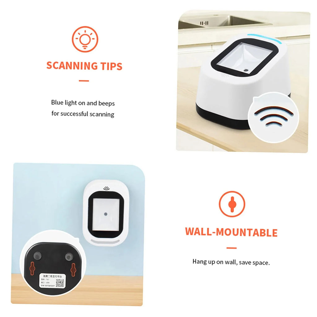 White barcode scanner with wireless-style icon and scan tips on card inserts