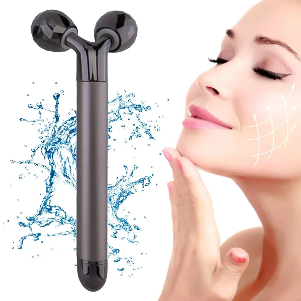 A dark grey facial massager with Y-shaped faceted rollers next to a woman and a water splash graphic.