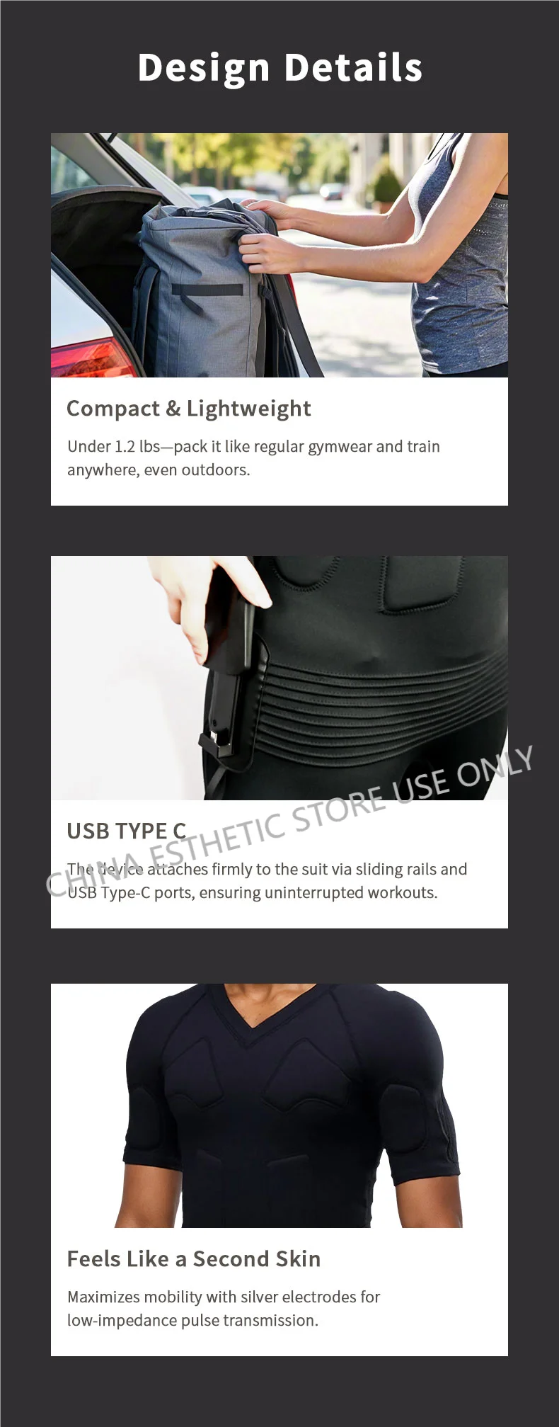 Wireless EMS muscle training suit, black lightweight fitness gear with USB-C controller for home and mobile workouts.